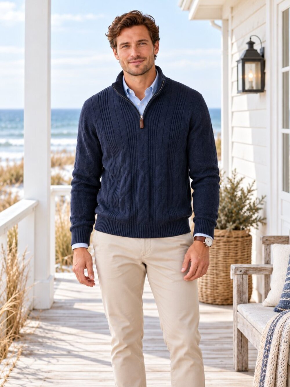 Tricots St. Raphel Mens Navy Cable Knit Sweater M 1/4 Zip Sherpa Collar Coastal